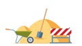 Wheelbarrow, sand pile, shovel. Building work process concept. Construction equipment. Vector illustration