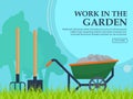 Wheelbarrow, shovel and pitchfork to work in the garden on a background of trees Royalty Free Stock Photo