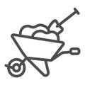 Wheelbarrow with soil and shovel line icon, gardening concept, whell barrow and spade vector sign on white background