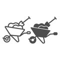 Wheelbarrow with soil and shovel line and solid icon, gardening concept, whell barrow and spade vector sign on white