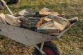 Wheelbarrow with split wood logs for winter heating Royalty Free Stock Photo