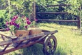 Wheelbarrow wooden decoration with flowers in a garden