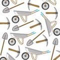 Wheelbarrow and worker instrument pattern on white background