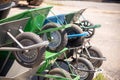 Wheelbarrows displayed for sale in an outdoor setting Royalty Free Stock Photo
