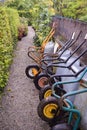 Wheelbarrows in a row in Irish garden