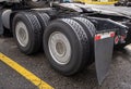 Wheelbase of big rig semi truck with two axles and pairs of wheels on them and fifth wheel for coupling Royalty Free Stock Photo