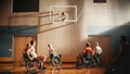 Wheelchair Basketball Court Game: Professional Players Competing Energetically, Dribbling Ball, Pa Royalty Free Stock Photo