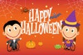 Wheelchair children in halloween costumes. Vector illustration postcard