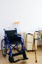 Wheelchair, crutches and walker. Medical equipment for disabled and elderly person.