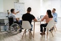 Wheelchair And Disability At Office. Giving Presentation