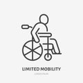 Wheelchair flat line icon. Disabled person in wheel chair vector illustration. Thin sign of limited mobility citizen