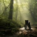 Wheelchair in the forest, copy space