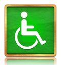 Wheelchair handicap icon chalk board green square button slate texture wooden frame concept isolated on white background with