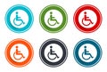 Wheelchair handicap icon flat vector illustration design round buttons collection 6 concept colorful frame simple circle set Royalty Free Stock Photo