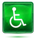 Wheelchair handicap icon neon light green square button Royalty Free Stock Photo