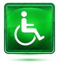 Wheelchair handicap icon neon light green square button Royalty Free Stock Photo