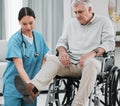 Wheelchair help, nursing home and man with injury or disability with nurse support. Wellness, healthcare and retirement Royalty Free Stock Photo