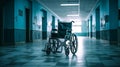 Wheelchair in the middle of an empty hospital. Generative AI. Royalty Free Stock Photo