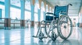 Wheelchair in the middle of an empty hospital. Generative AI. Royalty Free Stock Photo