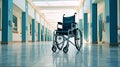 Wheelchair in the middle of an empty hospital. Generative AI. Royalty Free Stock Photo