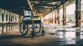 Wheelchair in the middle of an empty hospital. Generative AI. Royalty Free Stock Photo