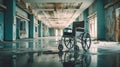 Wheelchair in the middle of an empty hospital. Generative AI. Royalty Free Stock Photo