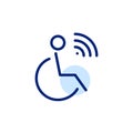 Wheelchair with remote control and sensors. Internet of things technologies. Pixel perfect, editable stroke icon