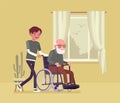Wheelchair senior, aged handicapped man with male nurse at home