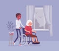 Wheelchair senior, aged handicapped woman with nurse at home