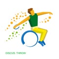 Wheelchair sportsman throwing discus. Flat sport icon.