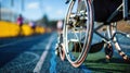 a wheelchair stands on a running stadium on a sunny day, back view, for summer paralympics games, banner, copy space Royalty Free Stock Photo