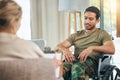 Wheelchair, therapist and military man for counselling, trauma and mental health. Depression, consultation and army Royalty Free Stock Photo