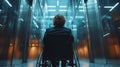 Wheelchair user accessing high-rise office building during daytime in modern urban setting