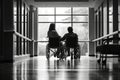 Wheelchair users supporting each other in hospital