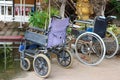 Wheelchairs parked in Thai temples for disabled service.