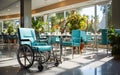 Wheelchairs for patients in the hospital on area near glass door