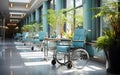 Wheelchairs for patients in the hospital on area near glass door