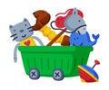 Wheeled Box of Baby Toys, Dog, Stick Horse, Cat, Dolphin, Whirligig Cute Objects for Kids Development and Entertainment Royalty Free Stock Photo