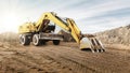 A wheeled excavator works in a sand pit against the sky. Powerful earthmoving equipment. Excavation. Construction site. Rental of Royalty Free Stock Photo