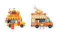 Wheeled Food Truck Selling Asian Wok and Burger as Street Snack Restaurant Vector Set