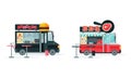 Wheeled Food Truck Selling Burger and Grilled Steak as Street Snack Restaurant Vector Set