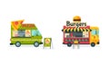 Wheeled Food Truck Selling Burger and Pizza as Street Snack Restaurant Vector Set