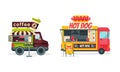 Wheeled Food Truck Selling Coffee and Hot Dog as Street Snack Restaurant Vector Set