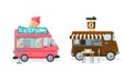 Wheeled Food Truck Selling Coffee and Ice Cream as Street Snack Restaurant Vector Set