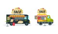 Wheeled Food Truck Selling Mexican Taco as Street Snack Restaurant Vector Set