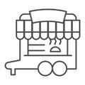 Wheeled stall thin line icon. Wheel market, food trolley or street kiosk symbol, outline style pictogram on white