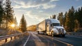 18 wheeler white American semi truck driving on highway road at sunset