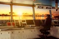 Wheelhouse control board of modern industry ship approaching to Royalty Free Stock Photo