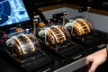 The wheelhouse of a modern ship is a close-up of the ship& x27;s course control levers. Royalty Free Stock Photo