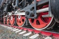 wheels of an ancient locomotive close-up, retro